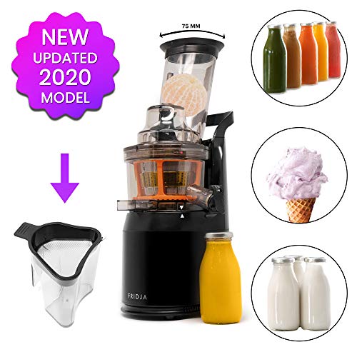 Jus de Fruits et Légumes à Mastication Lente, Slow Juicer, Jus Frais et Santé, Sorbet, Crème Glacée, Bouche 75 mm, sans BPA, 240 Watts, Pression à Froid, Acier Inoxydable Noir Fridja f1900
