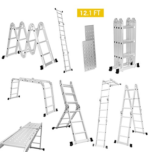 LANGRIA Mehrzweckleitern 12,1FT/3,7M Klappleiter Gelenkleiter mit Sicherheitsverriegelung Scharniere, 2 Gerüstplatten, EN131 Zertifiziert, 4 Falten, 12 Sprossen, 330 Lb / 150kg Kapazität