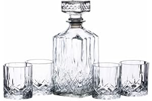 BAR CRAFT BarCraft Set Cadeau Carafe À Whisky Et Verre, Set 5 Pièces En Verre Taillé, Carafe 900Ml Avec Bouchon En Silicone Et 4X Gobelets, 26 X 10 X 24 cm