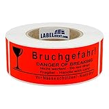 Aufdrucktext: Bruchgefahr! Danger of Breaking - Nicht werfen! Do not drop; Piktogramm: Glas; Vorsicht zerbrechlich; Farbe: leuchtrot, Aufdruckfarbe: schwarz