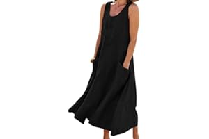 ROFUSSO Abito Estivo Vestito Donna in Lino e Cotone Maxi Abito Senza Maniche Abito da Spiaggia Casual a Girocollo Elegante Abito a Canotta Boho con Tasche
