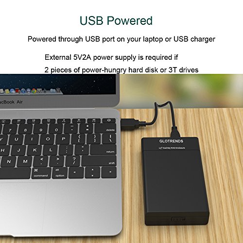 Externes RAID HDD Festplatten Gehäuse – GLOTRENDS 25R USB 3.0 2 Bay RAID Enclosure for 2.5 inch SATA HDD/SSD with Micro-B USB 3.0 Interface ABS Plastic Case Black - 3