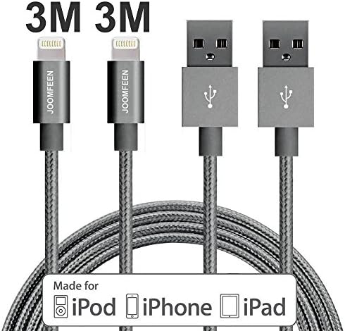 iPhone Charger, JOOMFEEN 2Pack 10ft/3M Lightning Cable Extra Long Nylon Braided 8pin USB Charging Cable Cord For Apple iphone 7/7 Plus/se/6s/6s plus/6 plus/6,5s/5c/5,iPad Mini/Air/Pro, iPod (Grey)