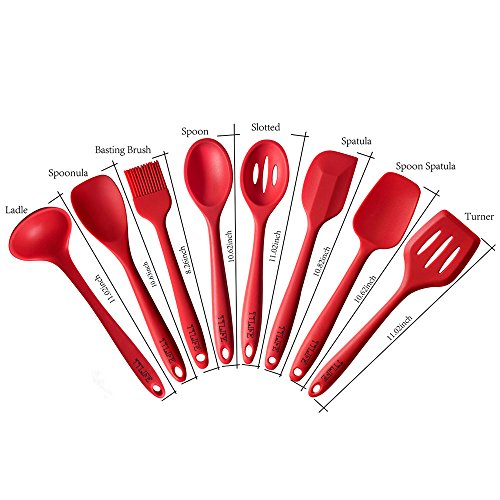 TTLIFE Silikon Küchenhelfer Set von 8 Stücke– Hitzebeständige Pfannenwender Turner, Schaumlöffel , Schöpfkelle , Löffel, Löffel Spatel, Spoonula, Küchenspatel, Basting Pinsel– Perfekt zum Kochen und Backen, Küchenzubehör, Rot - 8