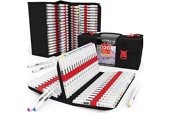 ARTEZA 120 feutres à alcool double pointe EverBlend | 120 couleurs vives | 1 feutre pour mixer| Feutre coloriage pointe fine et biseautée | Feutres manga | Feutres coloriage adultes et enfants
