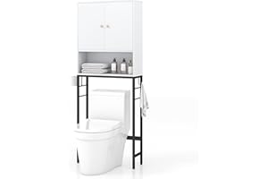 COSTWAY Over Toilet Storage Unit, Freestanding Bathroom Space Saver with 2 Doors, Open/Adjustable Shelves and 2 Side Hooks, Metal Frame Wooden Above The Toilet Cabinet Laundry Organizer Rack (White)