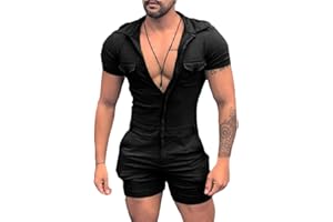 HONGBI Men's Jumpsuit Shorts One Piece Work Suit Short Sleeve Onesies Summer Slim Zipper Shirt Casual Fashion Mens Romper Muscle Tops Coveralls