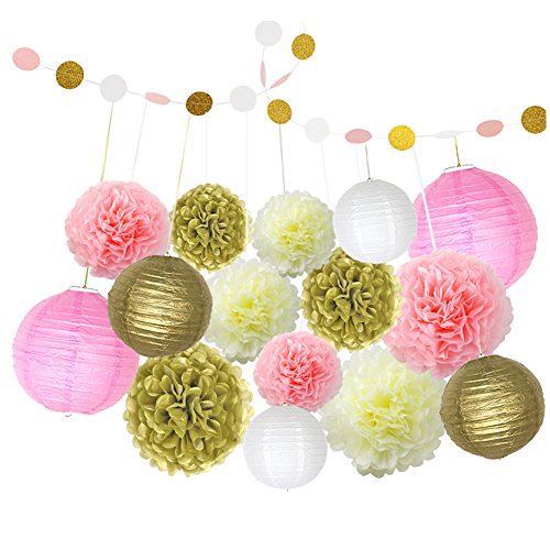 16 Stk Party Deko Set Papier Pompoms Laterne und Girlande (Hellbeige + Rosa + Gold) Rund Lampions Dekoration Pompons für Hochzeit Geburtstag Taufe Weihnachten