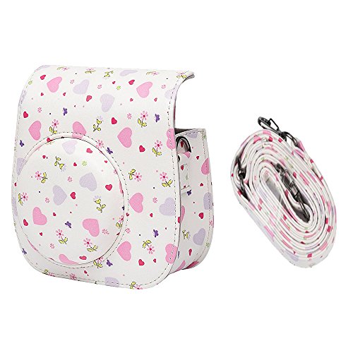 Vientiane Custodia in Pelle PU per Fotocamera Istantanea per Fujifilm Instax Mini 8 / Mini 8 + / Mini 9, Custodia per Fotocamere Istantanea, Cinghia Tracolla Regolabile (Forma del Cuore)