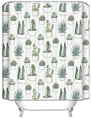 Watercolour Green Cactus Flowers Pattern Decor Mildew Resistant Waterproof Bathroom Fabric Shower Curtain with Hooks 60x72IN