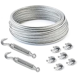 COJUNTO 10m cuerda de alambre galvanizado 3mm hebra: 6x7 + 6 abrazaderas + 2 tensores ojetes/gancho