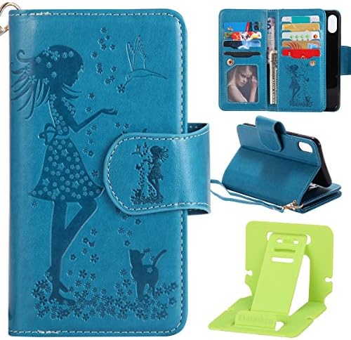 Cover for iphone 10, Leather Flip Case for iphone X, Ekakashop Girl and Cat Butterfly Embossed Pattern Premium Hand-Strap PU Leather Magnetic Mirror Wallet Book Style Flip Folio Closure Case Cover Pouch Protective Case with 9 Card Slots and Strap For Apple iphone X/iphone 10 5.8 inches with Ekakashop Kickstand (color random), 9 Card Slots-Blue
