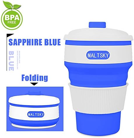 Foldable Cup,Maltsky Collapsible Coffee Cup Collapsible Silicone Cup 12oz/350ml Foldable Travel Mug Food-grade Silicone BPA-free with Leak-Proof Lid Design for Camping,Hiking,Outdoors,Commuters (Blue)