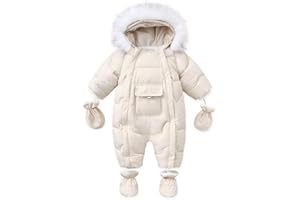 BRONG BéBé Garçon Fille Hiver Combinaison de Neige Veste à Capuche Pieds Barboteuse avec Gants Bébé Combinaison avec Bordure de Fourrure Détachable