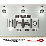 EAT SLEEP GAME REPEAT Wandtattoo Wandaufkleber Wandsticker Wandbilder Personalisiertem Namen, GAME TAG, PS4 WIRELESS CONTROLLER