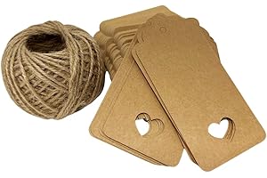 Dorman & Walsh 100 PCS Brown Gift Tags + 30 Meters Twine, Heart Cut Out Shape for Christmas, Valentines, Paper Tags with Hemp String, 4.5cm x 9.5cm Heart Cut Out Wedding Favor Name Tags Card