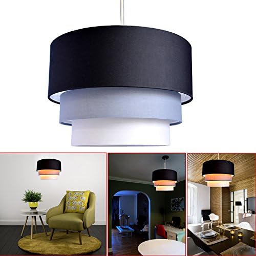 SAFEKOM Modern Beautiful Round Easy Fit 3 Tier Fabric Ceiling Designer Pendant Light Lamp Shade Lampshades Shades For Home Office - 1 Year Warranty Free &amp; Fast Same Day Dispatch UK Seller (Black)