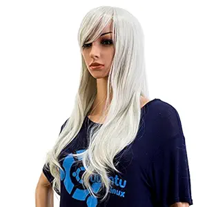Silvery White: Swacc 26-Inch Long Curly Wave Cosplay Synthetic Wig Colored Hair Piece For Women With Wig Cap (Silvery White)