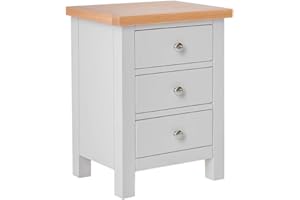 RoselandFurniture Farrow Grey Bedside Table Quality 3 Drawer Bedside Cabinet with Oak Top | Fully Assembled Painted Solid Wooden Side End Nightstand for Bedroom, Bathroom, and Hallway
