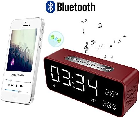 Digital Alarm Clock with Bluetooth speaker, LED Light Alarm Clock Digital with Large Display, FM Radio, Temperature, 6 types of Sleep Music, Snooze Function (Red)