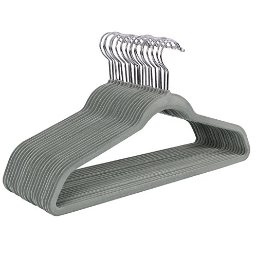 Songmics 50 Stück, mit Hosenstange, Raumspar Anti-Rutsch Kleiderbügel, Flordecke, Grau CRF50G