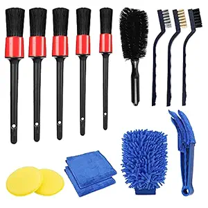 STHIRA 15 Pcs Car Cleaning Brush Kit with 5 Pcs Different Size Detail Car Brushs,3 Pcs Wire Brushes,2Pcs,Blue Wash Towel,Wax Applicator Pads,1 Wash Glove, Air Vents Cleaning Brush
