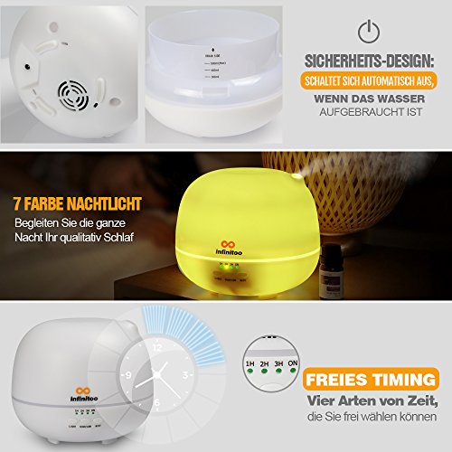 Luftbefeuchter | infinitoo 500ml Ultraschall Aroma Diffuser | Aromatherapie Diffusor | Abschaltautomatik Öl Raumbefeuchter mit 4 Zeitmodi Einstellungen und 7 LED Farbwechsel für Wohnzimmer, Kinderzimmer, Schlafzimmer,, Baby- und Yogazimmer, SPA, Büro usw. - 5