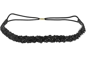 MOONBOW Bandeau Cheveux Femme Sequin Noir - Bandeau Fin élastique Taille unique - Headband pour coiffure Mariage ou soirée Strass et Paillettes - Headband Fête Brillant Look Bohème, Hippie Chic