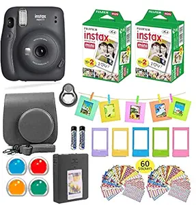 Fujifilm Instax Mini 11 Instant Camera + Shutter Compatible Carrying Case + Fuji Film Value Pack (40 Sheets) + Shutter Accessories Bundle, Color Filters, Photo Album, Assorted Frames (Charcoal Gray)