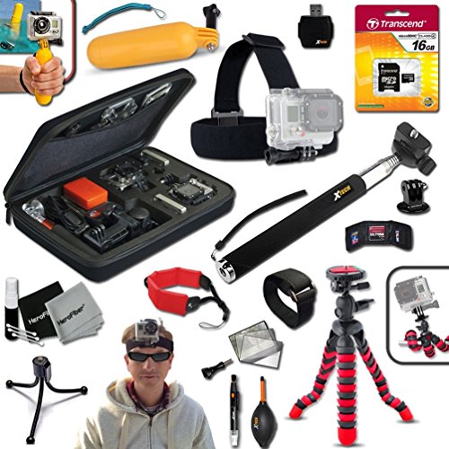 Xtech® Ideal 19 Piece Accessory Kit for GoPro HERO4 Hero 4, GoPro Hero3+, GoPro Hero3, GoPro Hero2, GoPro HD Motorsports HERO, GoPro Surf Hero, GoPro Hero Naked, GoPro Hero 960, GoPro Hero HD 1080p, GoPro Hero2 Outdoor Edition Digital Cameras Includes Head Strap Mount, 12” Flexible Tripod, 16GB High Speed Memory Card + Custom Large Case + Hand Held Monopod + Floating Handle + Remote Wrist Strap + Floating Foam Strap + Universal Card Reader + Mini Table Tripod + HeroFiber Cleaning Cloth Xtech® Ideal 19 Piece Accessory Kit for GoPro HERO4 Hero 4, GoPro Hero3+, GoPro Hero3, GoPro Hero2, GoPro HD Motorsports HERO, GoPro Surf Hero, GoPro Hero Naked, GoPro Hero 960, GoPro Hero HD 1080p, GoPro Hero2 Outdoor Edition Digital Cameras Includes Head Strap Mount, 12” Flexible Tripod, 16GB High Speed Memory Card + Custom Large Case + Hand Held Monopod + Floating Handle + Remote Wrist Strap + Floating Foam Strap + Universal Card Reader + Mini Table Tripod + HeroFiber Cleaning Cloth