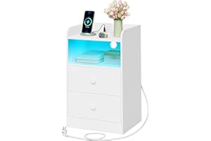 WOLTU Mesita de Noche con Estación de Carga y Luz LED, Mesa Auxiliar con Enchufes, Puertos USB, Mesa Noche de Madera con Cajones, 40x35x64 cm, para Dormitorio, Blanca, NTS07ws
