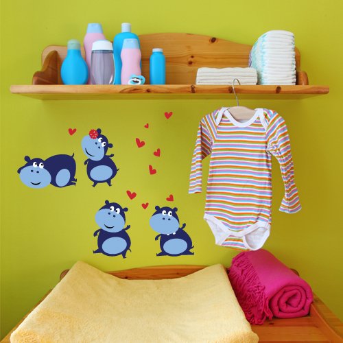 Wandkings Nilpferde mit Herzchen Wandsticker Set, 26 Aufkleber, 2 DIN A4 Bögen, Gesamtfläche, 60 x 20 cm - 3