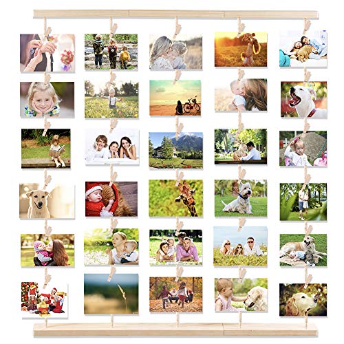 MOVEONSTEP Cornice Portafoto Multipla da Parete Legno Cornici per Appendere Foto e Lmmagini con 5 Corde Appese e 30 Clip