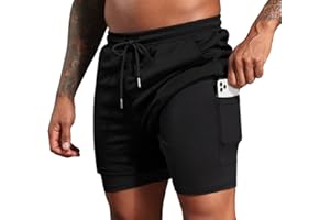 PrinStory Mens 2 In 1 Running Shorts With Pockets Summer Lightweight Elastic Waist Mens Shorts For Gym Sport Training