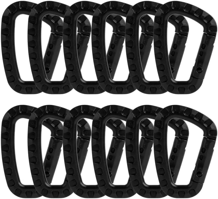 12 Piezas Mosqueton Plastico Negro, Carabineros D-Forma de Plástico, Ligeros y Resistente para Camping, Senderismo y Actividades al Aire Libre, Medidas 7,5 cm x 5,5 cm, Soportan hasta 10 kg