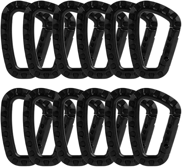 12 Piezas Mosqueton Plastico Negro, Carabineros D-Forma de Plástico, Ligeros y Resistente para Camping, Senderismo y Actividades al Aire Libre, Medidas 7,5 cm x 5,5 cm, Soportan hasta 10 kg - 1