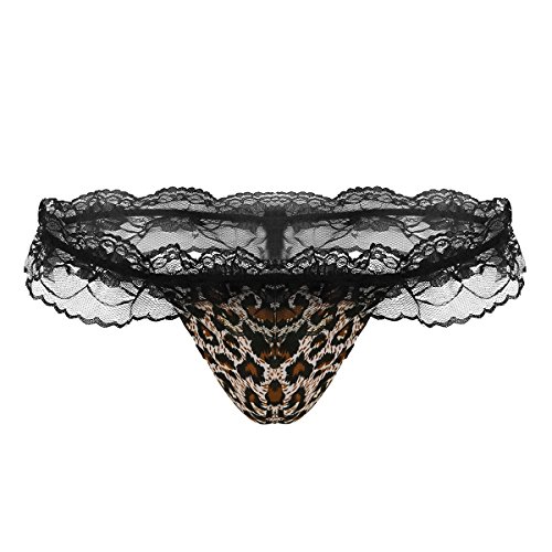 iiniim String Homme Ficelle Dentelle Transparent Slip Tanga sous-vêtement Thong Jockstrap Léopard Sissy Taille Basse Bikini Underwear Briefs Clubwear Nager Été Brun XL
