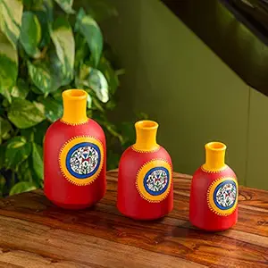 ExclusiveLane Terracotta Pots Flower Vases for Living Room Terracotta Decorative for Home & Decorative Vase for Home Decor (9.50 cm x 9.50 cm x 17.10 cm, Red)