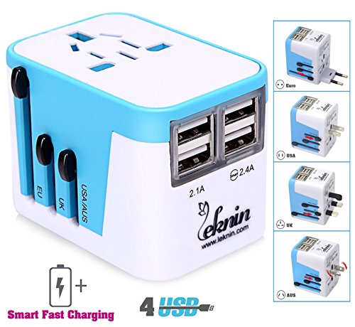 Universal Reiseadapter Reisestecker mit 4 USB-Ports - Leknin All in One Internationaler Reiseadapter für Weltweit Steckdosen US UK EU AU Alles dabei, Wechselspannung & Überspannungsschutz, 2 USB-Ports für schnelles Aufladen (Blau)