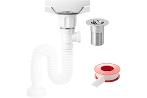 NEKNE Sifón lavabo de calidad con toma frontal y lateral, Desague lavabo adaptable ideal para espacios reducidos, Sifón lavabo flexible incluye cinta de teflón, Sifon baño universal, 230-800 mm