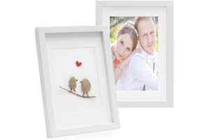 PHOTOLINI 3D cornici A4 21x30 cm bianco, cornice profonda con vetro e passe-partout, set di 2 cornici per oggetti fino a 1,5 cm di profondità, legno MDF - perfetta per il fai da te e come regalo