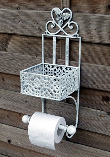 WC Toilettenpapierhalter Rollenhalter Klorollenhalter Papierrollenhalter Badregal aus Metall Eisen Landhaus Shabby Chic Vintage Antikweiss Weiss gesprenkelt