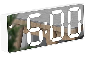 AHDXKUE Alarm Clock, Digital Mirror Alarm Clock, LED Bedside Clock with Temperature, Snooze, Adjustable Brightness, Bedroom Decor Alarm Clocks, White