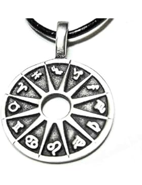bkwear Unisex Halskette Leder STM 28 Zodiac Sonne Sternzeichen Zinn Anhänger 2,7 cm Lederkette 55cm