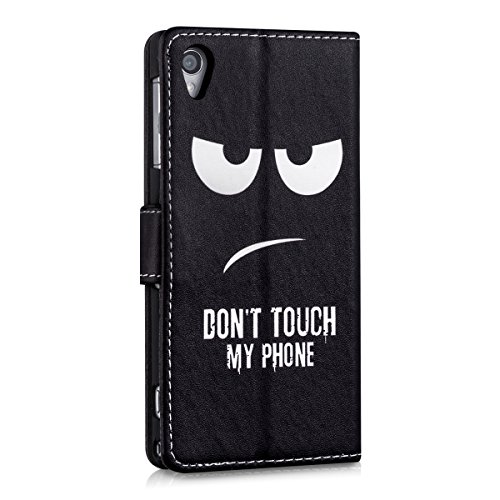 kwmobile HÃ¼lle fÃ¼r Sony Xperia Z1 - Wallet Case Handy SchutzhÃ¼lle Kunstleder - Handycover KlapphÃ¼lle mit Kartenfach und StÃ¤nder Don't touch my Phone Design WeiÃŸ Schwarz