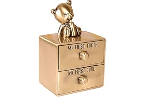 LIPEED Scatola per Denti da Latte Primo ricciolo e Primo dentino Scatola per Denti Scatola dei ricordi Lega di Metallo Orsetto Dolce Scatola per Denti con 2 cassetti Scatola dei ricordi per Bambini