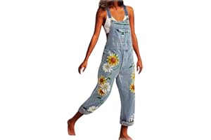 Onsoyours Women's Casual Loose Dungarees Denim Vintage Printed Baggy Jumpsuit Wide Leg Long Playsuit Bib and Brace Retro Sleeveless Jeans Overalls Trousers Pants Plus Size