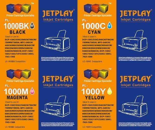 *12 (3 FULLSETS) JETPLAY COMPATIBLE INK CARTRIDGES LC1000 LC970 FOR BROTHER PRINTERS DCP-130C DCP-150C DCP-330C DCP-350C DCP-357C DCP-540CN DCP-560CN DCP-750CW DCP-770CW Fax-1360 Fax-1460 Fax-1560 Fax-1860C Fax-1960C Fax-2480C MFC-240C MFC-3360C MFC-440CN MFC-465CN MFC-5460CN MFC-5860CN MFC-660CN MFC-665CW MFC-885CW MFC-680CN MFC-845CW . Get high quality compatibles, 3 full sets. Maximum Ink inside 3 EACH: LC1000BK LC1000C LC1000M LC1000Y LC 1000 BLACK CYAN MAGENTA YELLOW