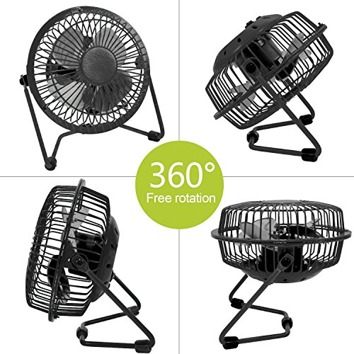 Mini Ventilator USB leise Computer Tischventilator Schreibtisch Lüfter Glamouric Tragbarer Windmaschine 4 Zoll 360°Drehbar anschluss Gehäuse Rotorblätter aus Metall Fan Für Büro Laptop (Schwarz) - 6