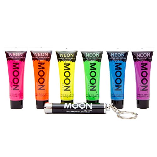 Moon Glow - Intense Neon UV Face & Body Paint - 12ml Set of 6 - includes UV Keyring